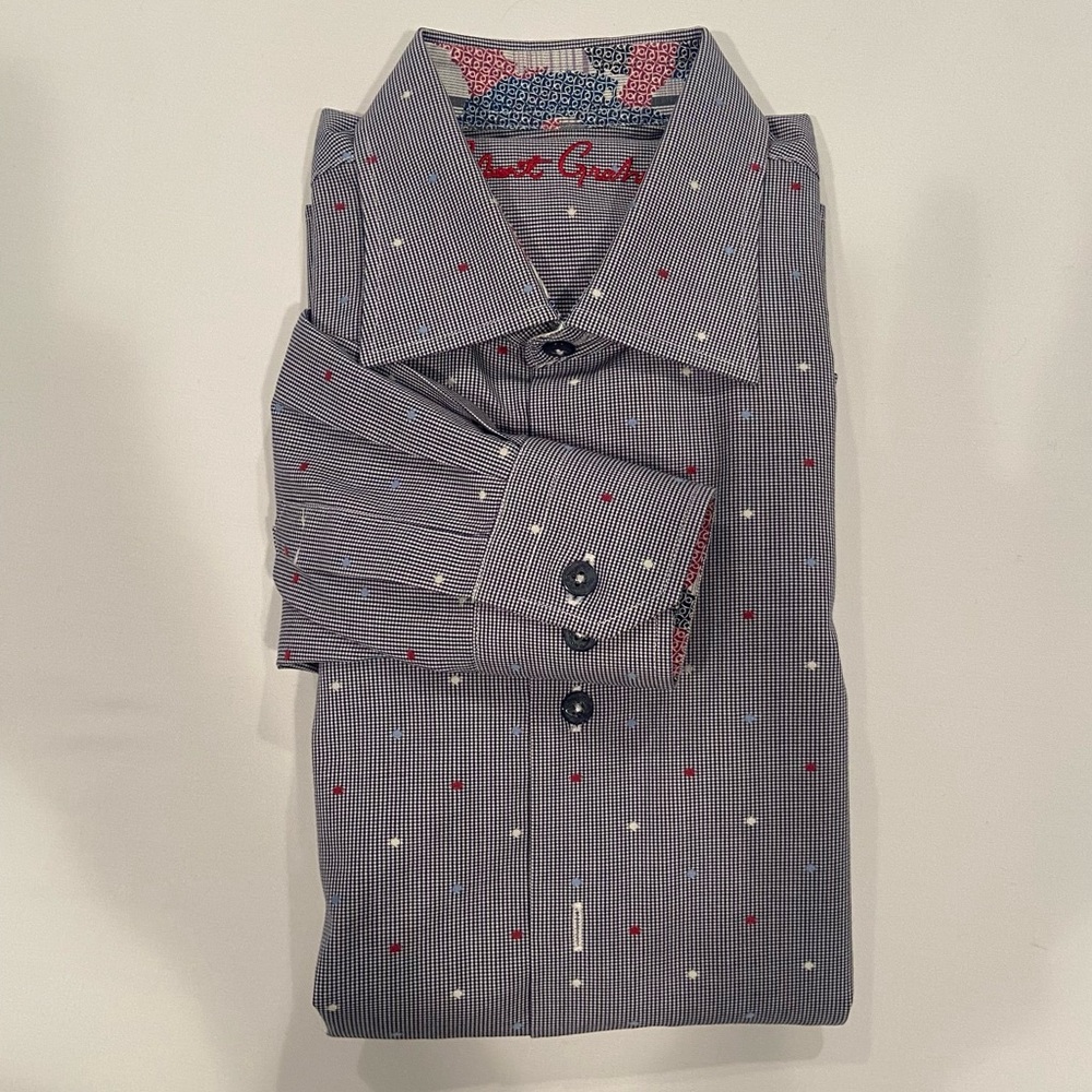 YOUTH BUTTON DOWN - Robert Graham - Large - Blue w/ White and Red Dots
